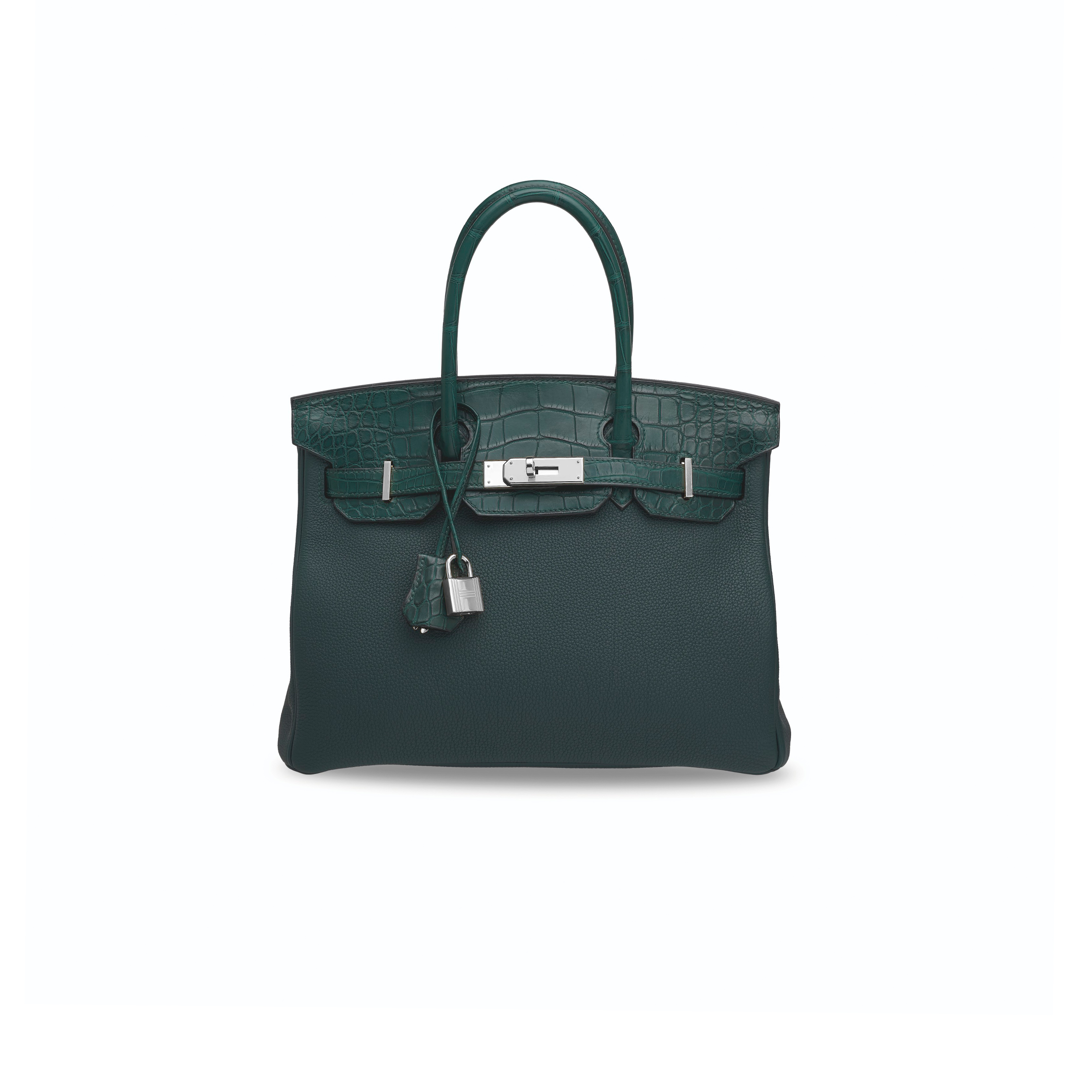 H**mes master birkin 25 crocodile and togo leather cypress green silver buckle h076216ck26 (25*20*13cm)